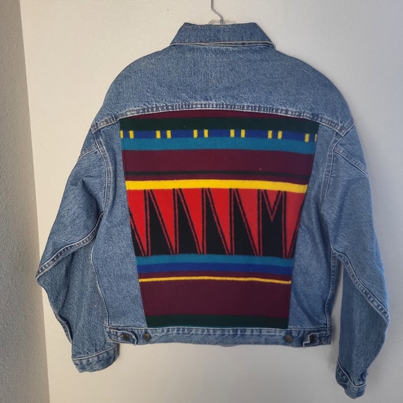 Margaz Vintage Native American Vibe Wool Blanket Denim Jacket Size Medium - Picture 2 of 11
